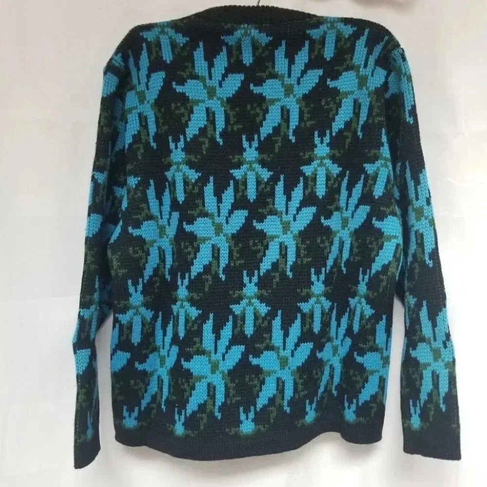 Hudson's Bay Company Vintage Sweater Blue Black Floral Print Ribbed  Knit - Picture 2 of 12